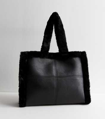 Black Large Faux Fur Trim Boxy Tote Bag