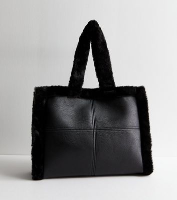 Black Large Faux Fur Trim Boxy Tote Bag New Look