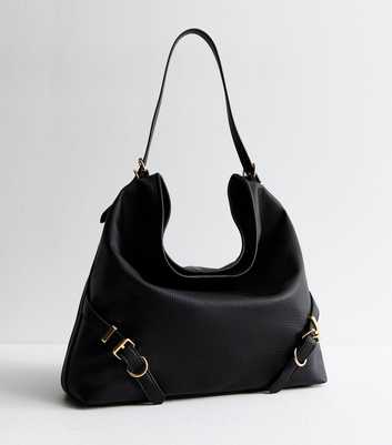 Black Leather-Look Belted Slouchy Tote Bag