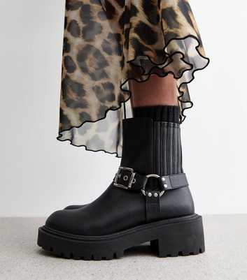 Black Chunky Buckle Biker Boots