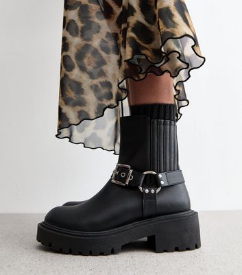 Black Chunky Buckle Biker Boots New Look