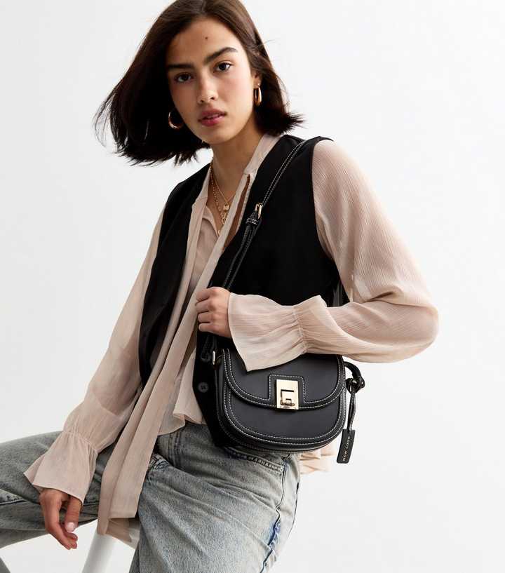 Black Leather Look Top Stitch Crossbody Saddle Bag New Look