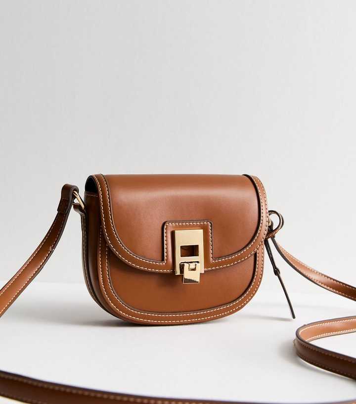 Tan Leather Look Top Stitch Crossbody Saddle Bag
