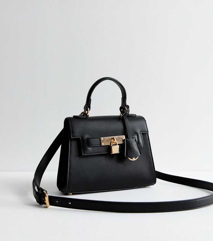 Black Leather-Look Top Handle Crossbody Bag