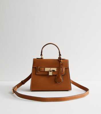 Tan Faux Leather Top Handle Crossbody Bag