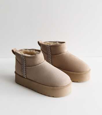 Off White Suedette Faux Fur Lined Woven Trim Flatform Boots