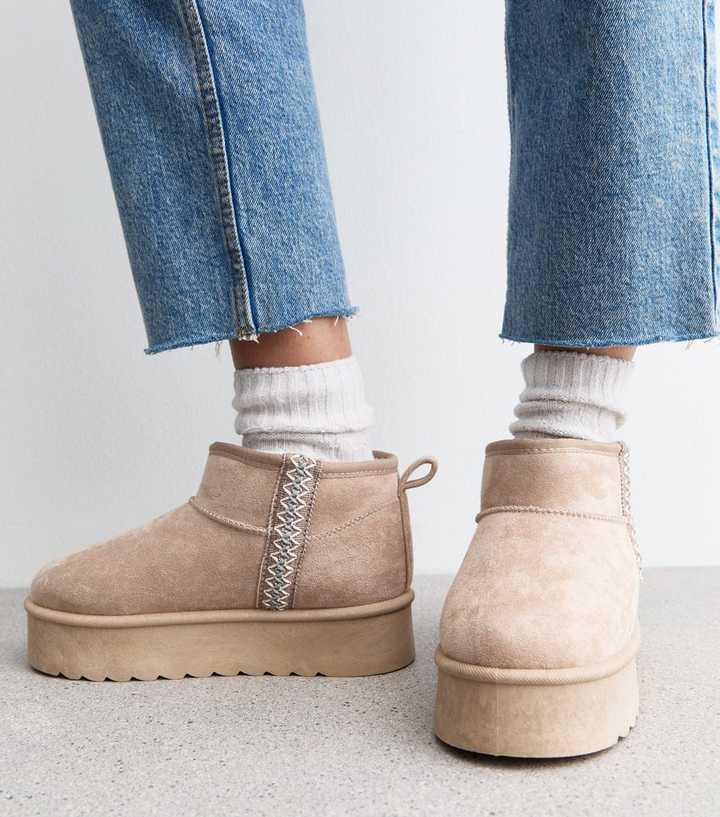 Off White Suedette Faux Fur Lined Woven Trim Flatform Boots