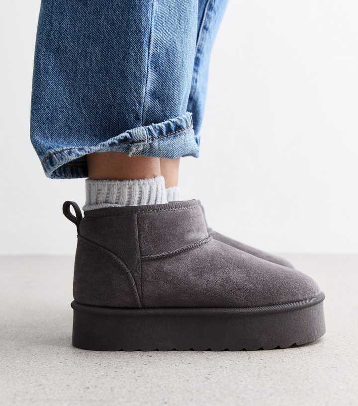 Grey Suedette Faux Fur Lined Chunky Flatform Boots