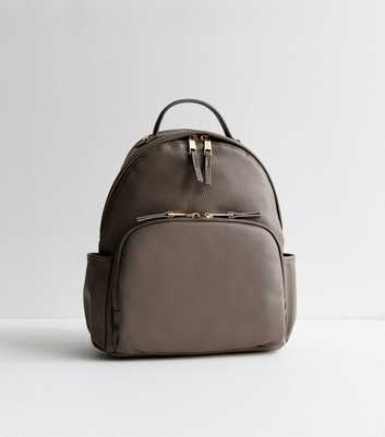 Grey Leather-Look Front Pocket Backpack