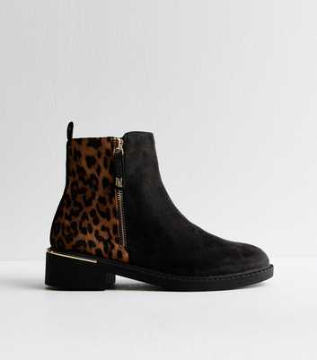 Brown Suedette Leopard Print Mix Ankle Boots