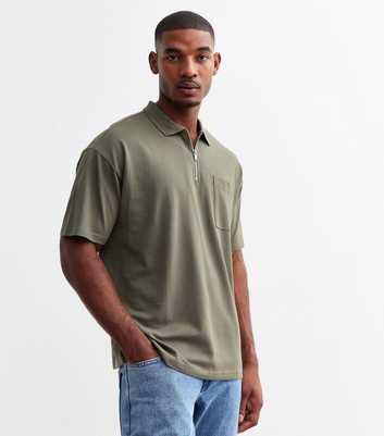 Khaki Oversized Cotton Piqué Half Zip Polo Shirt