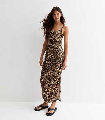 Brown Leopard-Print Strappy Midi Dress