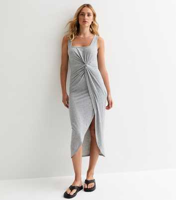 Grey Ribbed Front-Knot Midi Dress