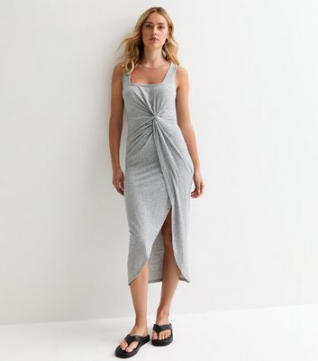 Grey Ribbed Front Knot Midi Dress New Look