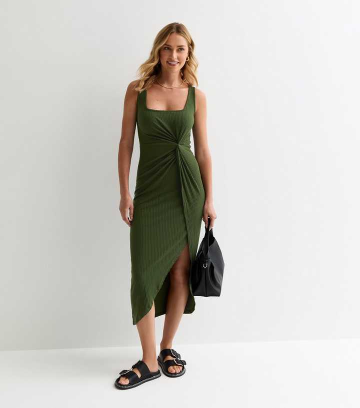 Green Ribbed Front-Knot Midi Dress