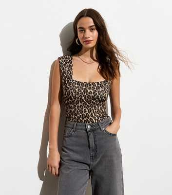 Brown Leopard Print Square Neck Bodysuit