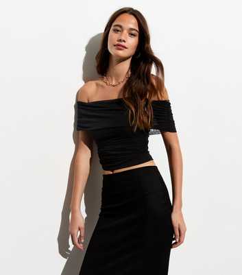 Black Mesh Short Sleeve Bardot Top