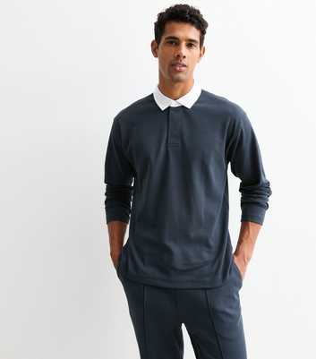 Navy Oversized Cotton Blend Rugby Shirt