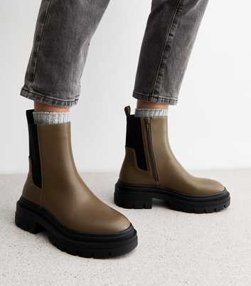 Wide Fit Khaki Leather-Look Chunky Chelsea Boots