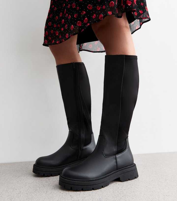 Faux Suede Wet Look Knee High Boots Linzi Escada Black Faux Suede