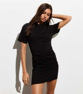 Black Short Sleeve Ruched Side Mini Dress