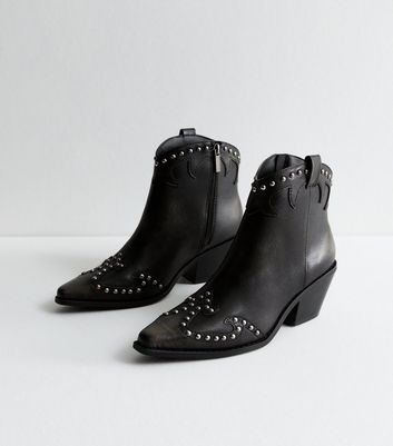 Black Faux Leather Studded Cowboy Boots New Look