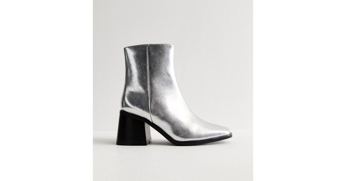 Silver Block Heel Chunky Ankle Boots New Look