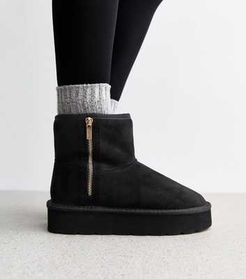 Wide Fit Black Zip Faux Fur-Lined Boots