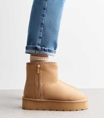 Wide Fit Camel Zip Faux Fur-Lined Boots