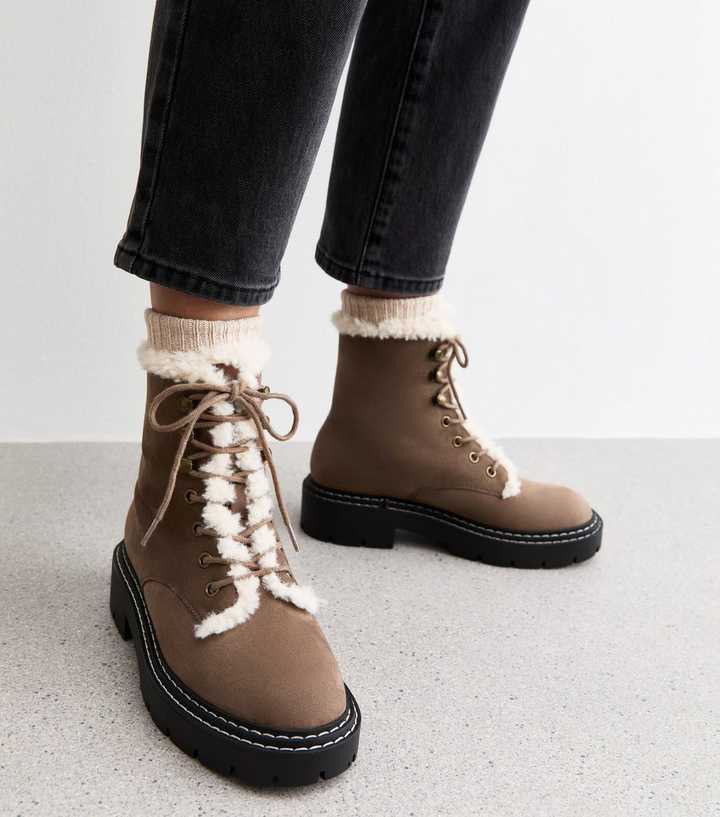 Wide Fit Brown Faux Fur Lace Up Ankle Boots