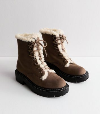 Wide Fit Brown Faux Fur Lace Up Ankle Boots New Look