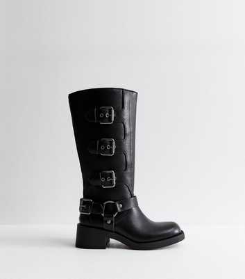 Black Faux Leather Buckled Knee High Biker Boots