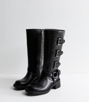 Black Faux Leather Buckled Knee High Biker Boots New Look Vegan