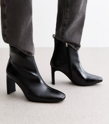 Black leather square toe ankle boots best sale