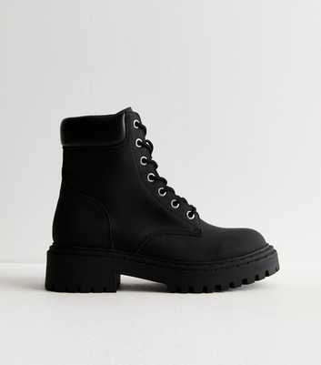 Black Leather-Look Lace Up Boots