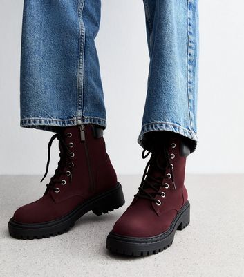 Burgundy Suedette Lace Up Boots New Look