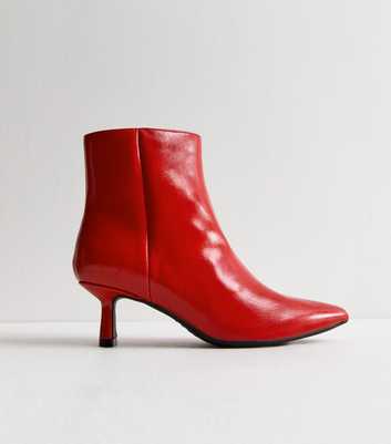 Red Faux Leather Kitten Heel Pointed Toe Ankle Boots