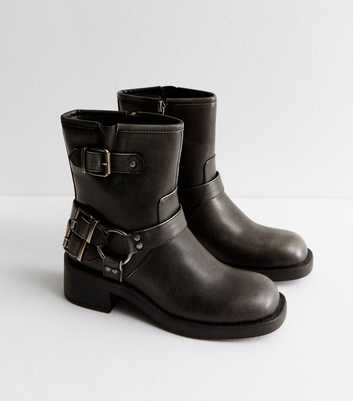 Black Leather-Look Biker Ankle Boots