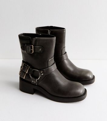 Black Leather Look Biker Ankle Boots