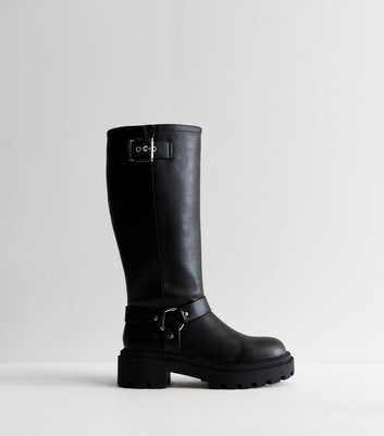 Extra Calf Fit Black Leather-Look Buckled Knee-High Biker Boots