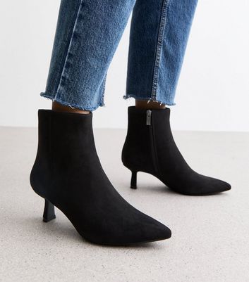 Black Suedette Kitten Heel Pointed Toe Ankle Boots New Look