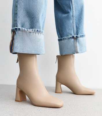 Camel Wide Fit Leather-Look Heel Ankle Boots