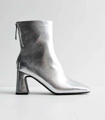 Silver Wide Fit Leather-Look Heel Ankle Boots