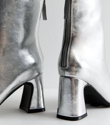 Silver Wide Fit Leather Look Heel Ankle Boots New Look