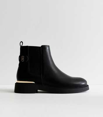 Wide Fit Black Leather-Look Metal Trim Chelsea Boots