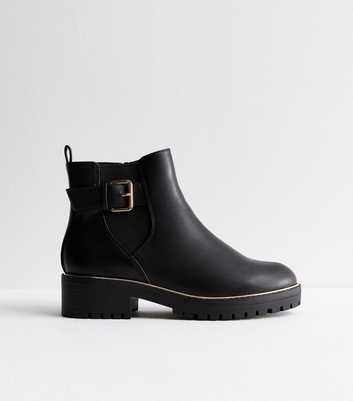 Wide Fit Black Buckled Chunky Ankle Boots