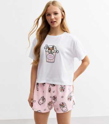 Girls White Pupcorn Print Fleece Short Pyjama Set