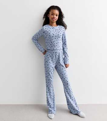 Girls Blue Heart Print Ribbed Jersey Pyjama Set