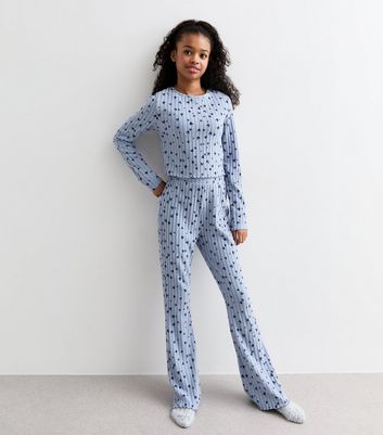 Girls Blue Heart Print Ribbed Jersey Pyjama Set New Look