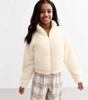 Girls Off White Fleece Zip Up Jumper